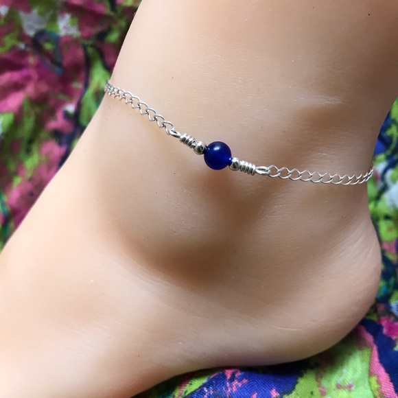 Blue Jade Sterling Silver Ankle Bracelet- Blue Jade Anklet - Picture 2 of 6